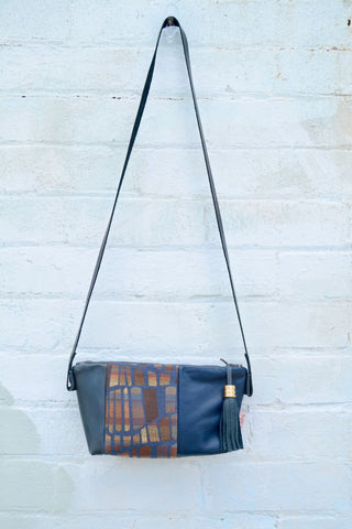 Terracotta and dark blue leather shoulder bag