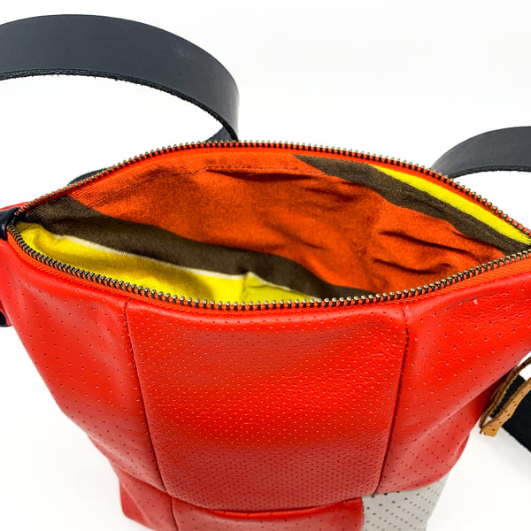 Perforated Red Repurposed Leather Bucket Bag