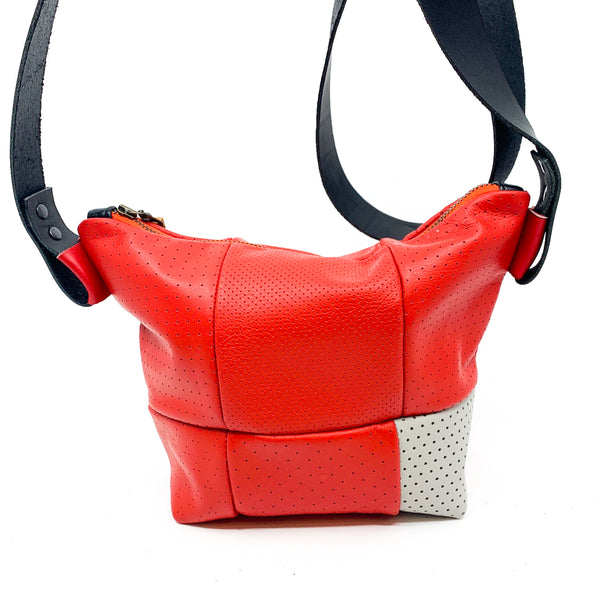 Perforated Red Repurposed Leather Bucket Bag