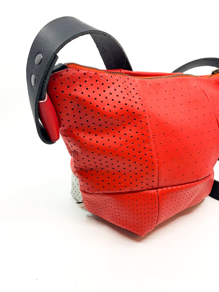 Perforated Red Repurposed Leather Bucket Bag