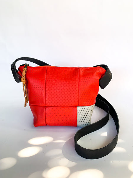 Perforated Red Repurposed Leather Bucket Bag