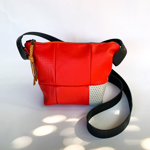 Perforated Red Repurposed Leather Bucket Bag